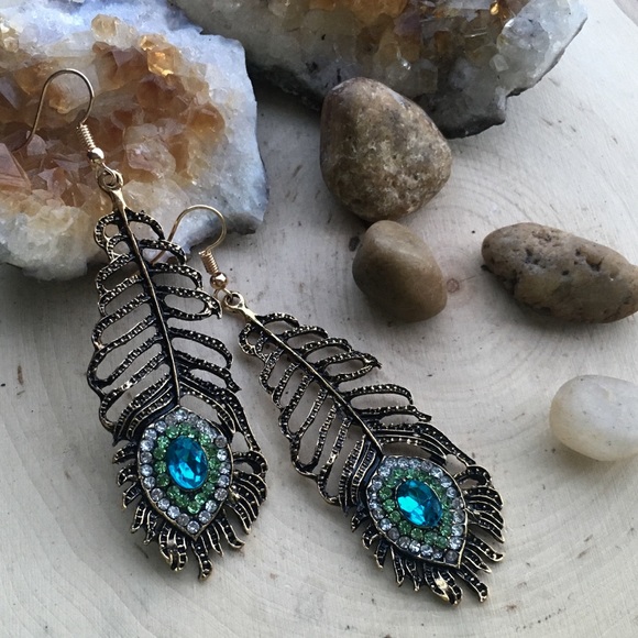 Antique Style Peacock Feather Earrings - Picture 4 of 8